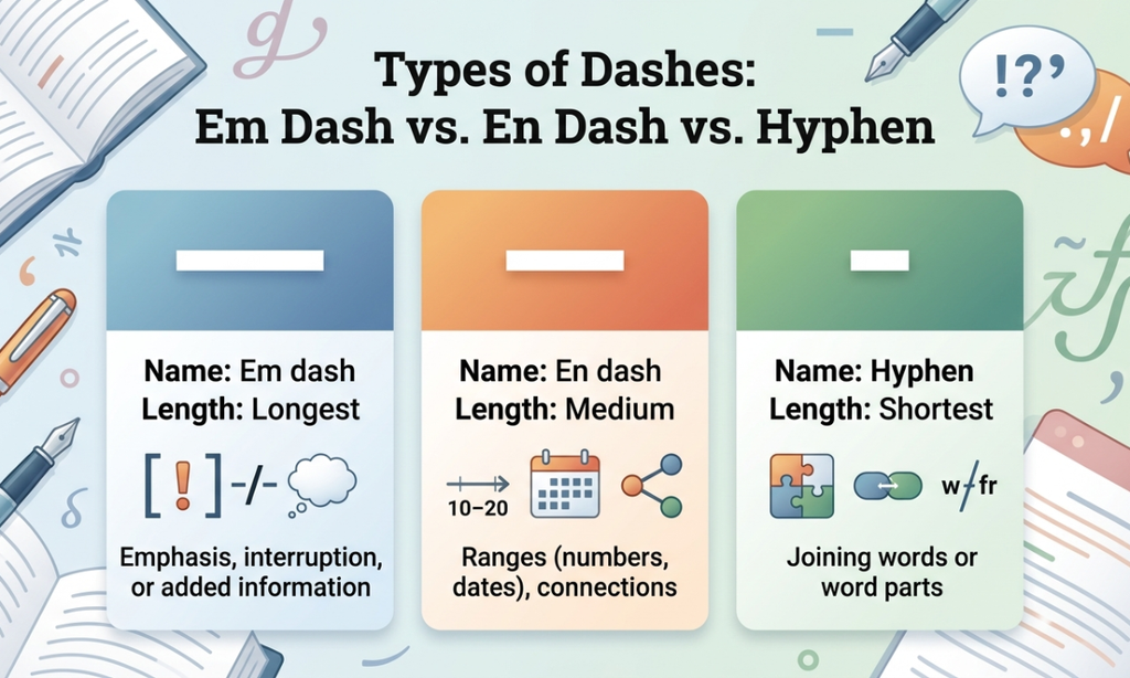 Types of Dashes: Em Dash vs. En Dash vs. Hyphen